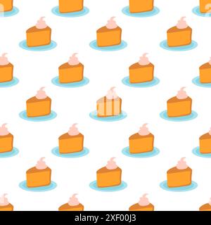 Autumn Food Seamless Pattern. Slice of pumpkin pie with whipped cream on the plate. Flat vector illustration. Stock Vector