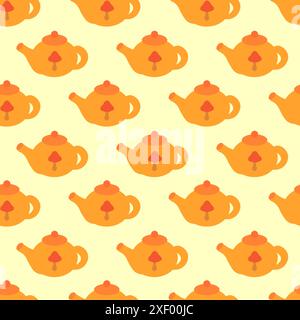 Seamless Pattern with Cute Orange teapot. Cozy fall wallpaper. Vector flat illustration. Autumn concept background. Stock Vector