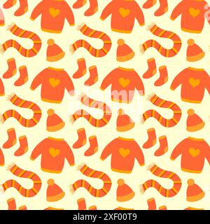 Warm autumn clothes seamless pattern. Knitted sweater, hat, scarf, socks. Cozy fall background. Vector flat illustration. Stock Vector