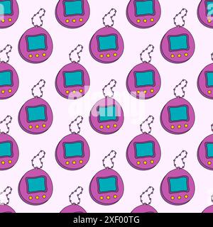 Retro seamless pattern set with purple tamagotchi. Cute vintage background. 90s video games design. Vector flat illustration. Stock Vector