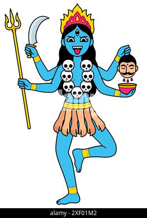 Hindu goddess Kali with traditional attributes - severed head, skulls and weapons. Cartoon vector illustration in modern simple comic style. Stock Vector