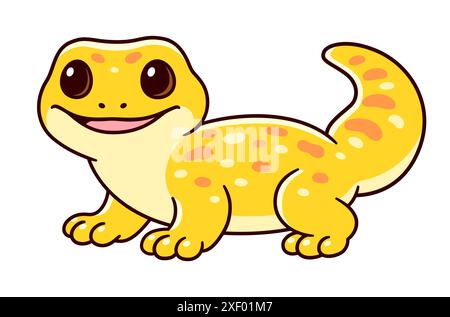 Cute cartoon Tokay Gecko vector illustration. Funny little tropical lizard with yellow spotted pattern. Stock Vector