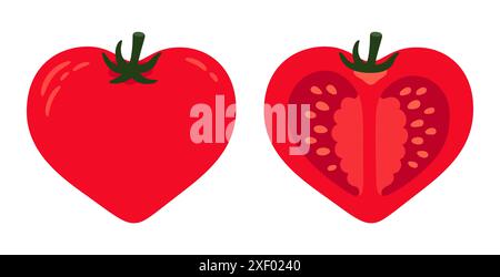 Heart shaped tomato drawing, whole and cut in half. Cute hand drawn cartoon vector illustration. Stock Vector