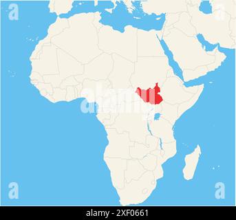 Locator map showing the location of the country South Sudan in Africa. The country is highlighted with a red polygon. Small countries are also marked Stock Vector