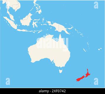 Locator map showing the location of the country New Zealand in Australia. The country is highlighted with a red polygon. Small countries are also mark Stock Vector