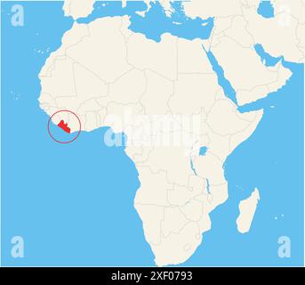 Locator map showing the location of the country Liberia in Africa. The country is highlighted with a red polygon. Small countries are also marked with Stock Vector