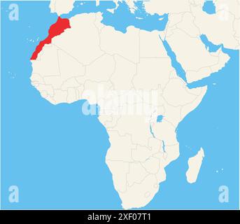 Locator map showing the location of the country Morocco in Africa. The country is highlighted with a red polygon. Small countries are also marked with Stock Vector