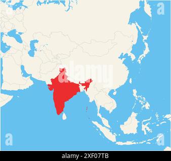 Locator map showing the location of the country India in Asia. The country is highlighted with a red polygon. Small countries are also marked with a r Stock Vector