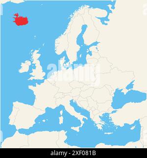 Locator map showing the location of the country Iceland in Europe. The country is highlighted with a red polygon. Small countries are also marked with Stock Vector