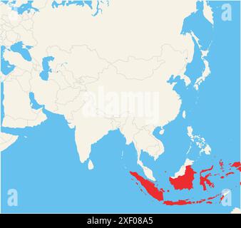 Locator map showing the location of the country Indonesia in Asia. The country is highlighted with a red polygon. Small countries are also marked with Stock Vector