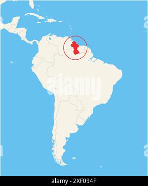 Locator map showing the location of the country Guyana in South America. The country is highlighted with a red polygon. Small countries are also marke Stock Vector