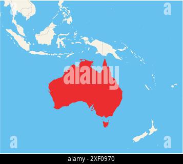 Locator map showing the location of the country Australia in Australia. The country is highlighted with a red polygon. Small countries are also marked Stock Vector