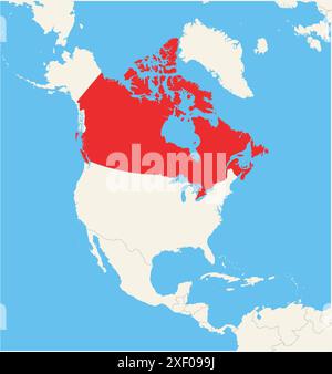 Locator map showing the location of the country Canada in North America. The country is highlighted with a red polygon. Small countries are also marke Stock Vector