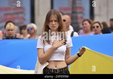 Madrid, Spain. 30th June, 2024. Demonstration in Madrid in support of Ukraine and NATO for strength and security in Europe. (Credit Image: © Richard Zubelzu/ZUMA Press Wire) EDITORIAL USAGE ONLY! Not for Commercial USAGE! Stock Photo