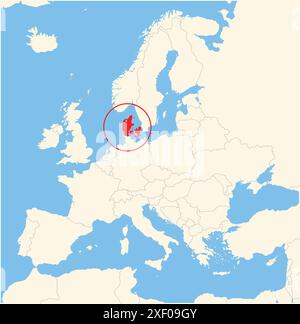 Locator map showing the location of the country Denmark in Europe. The country is highlighted with a red polygon. Small countries are also marked with Stock Vector