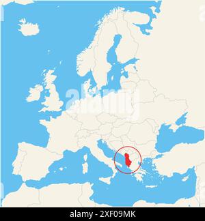 Locator map showing the location of the country Albania in Europe. The country is highlighted with a red polygon. Small countries are also marked with Stock Vector