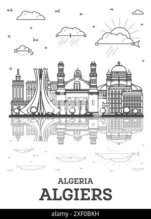 Outline Algiers Algeria city skyline with historic buildings and reflections isolated on white. Vector illustration. Algiers cityscape with landmarks. Stock Vector