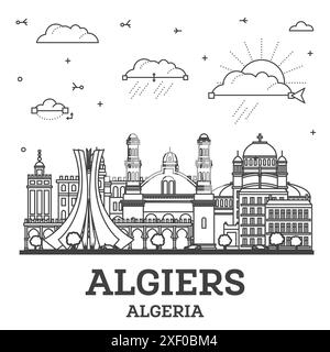 Outline Algiers Algeria city skyline with modern and historic buildings isolated on white. Vector illustration. Algiers cityscape with landmarks. Stock Vector