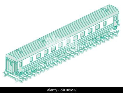 Isometric passenger railroad car. Vector illustration. Outline passenger carriage. Object isolated on white background. Railway. Wagon on rails. Stock Vector