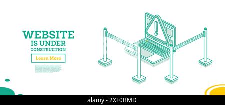 Web page of website under construction. Warning error. Vector illustration. Isometric outline concept. Laptop and portable ribbon barrier. Stock Vector
