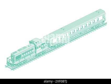 Isometric locomotive with passenger railroad car. Vector illustration. Railway. Object isolated on white background. Outline passenger carriage. Stock Vector