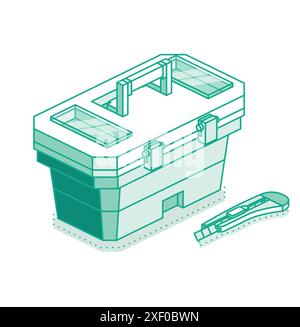 Isometric tool box isolated on white background. Vector illustration. Stationery utility knife with sharp blade. Stock Vector