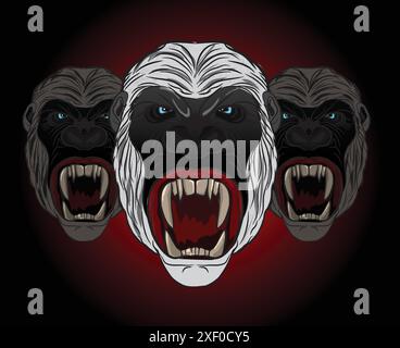Three angry gorillas showing teeth on dark background Stock Vector