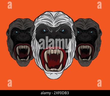 Three angry gorillas showing teeth on dark background Stock Vector