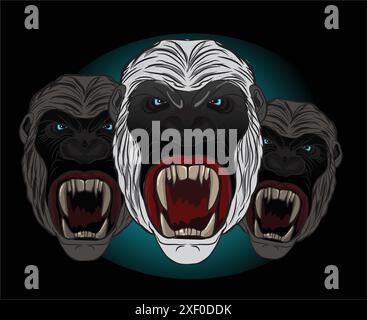 Three angry gorillas showing teeth on dark background Stock Vector
