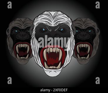 Three angry gorillas showing teeth on dark background Stock Vector