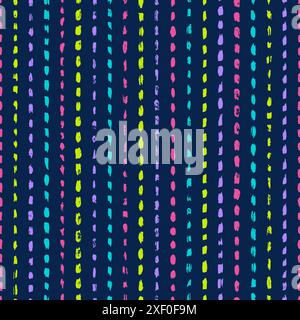 Seamless dash color pattern. Vertical crayon line. Repeating hand draw gouache brush strokes. Sketch bold shape. Repeated geometry charcoal dashed Stock Vector
