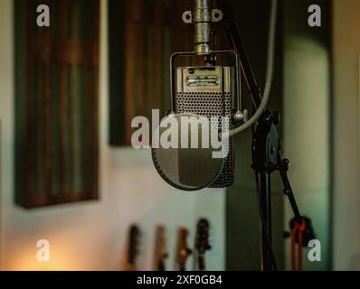 Melodium ribbon microphone on stand in professional sound studio Stock Photo