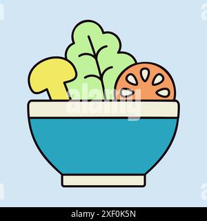 Salad bowl, green salad with tomato, mushrooms vector icon. Graph symbol for fitness and weight loss web site and apps design, logo, app, UI Stock Vector