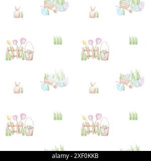 Seamless pattern with watercolor Easter eggs and carrots Stock Photo