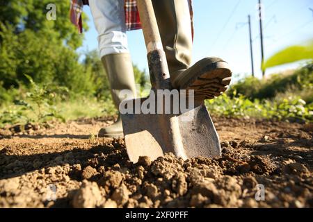 Farmer digging soil with shovel on sunny day, closeup Stock Photo