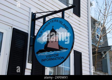 Ministers Island visitor information sign on Water Street in downtown St. Andrews, New Brunswick, Canada Stock Photo