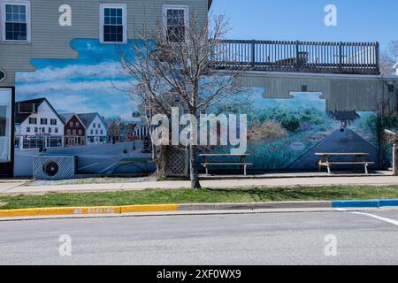 Mural of Kingsbrae Garden on the corner of King and Water Street in downtown St. Andrews, New Brunswick, Canada Stock Photo