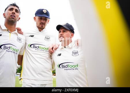 Cheltenham, UK, 30 June 2024. Gloucestershire's Graeme van Buuren leads the team talk in the huddle during the Vitality County Championship Division Two match between Gloucestershire and Glamorgan. Credit: Robbie Stephenson/Gloucestershire Cricket/Alamy Live News Stock Photo