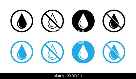 No water drop vector icon. No water drop sign symbol. Water drops icon set. Water droplets icon collection in the circle. Waterproof Surface Required. Stock Vector