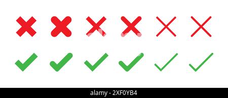 Green check mark, red cross mark icon set. Set of check mark and cross mark icon. Vector illustration. True and false button. Right or rong button. Stock Vector