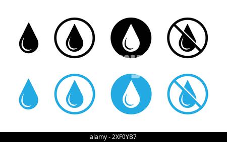 No water drop vector icon. No water drop sign symbol. Water drops icon set in black and blue color. Water droplets icon collection in the circle. Stock Vector