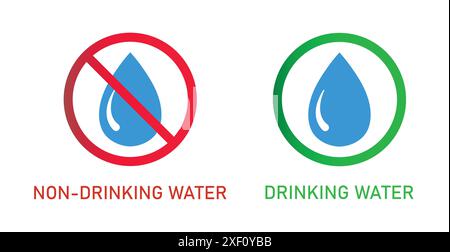 Set of drinking and non-drinking water icon. Water drops icon set. No water drops sign symbol. Water droplets icon. Stock Vector