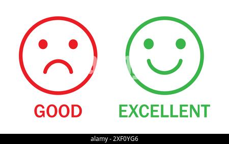 Feedback rating emoji icon. Happy and sad emoji vector icon in red and green color. Face smile icon positive, negative neutral opinion vector signs. Stock Vector