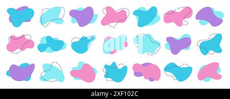 Set of liquid organic irregular blotch shapes, color uneven amoeba blobs with line. Random blotch elements, simple modern freeform. Asymmetric blots, deform abstract figures. Fluid amorphous splodges. Stock Vector