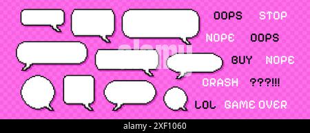 Set of pixel dialogue boxes different shapes on pink background. Chat speech bubbles, empty communication box or message frames with text. Pixelated dialog cloud icons collection in 8bit retro style. Stock Vector