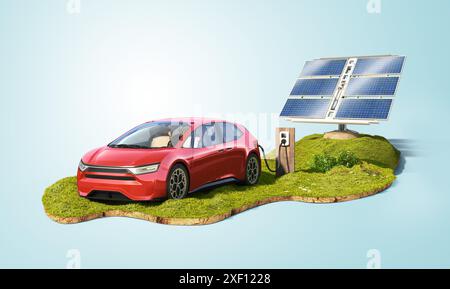 A red generic electric car is parked next to a solar panel in this image Stock Photo