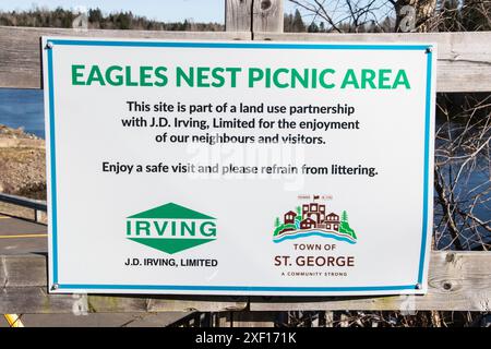 Irving Oil's eagles nest picnic area sign in St. George, New Brunswick, Canada Stock Photo