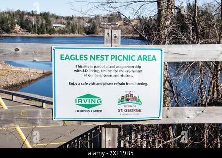 Irving Oil's eagles nest picnic area sign in St. George, New Brunswick, Canada Stock Photo