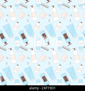 Hair care and styling products seamless pattern. Bottles of gel, comb and clips with shampoo repeat background. Vector outline illustration. Stock Vector