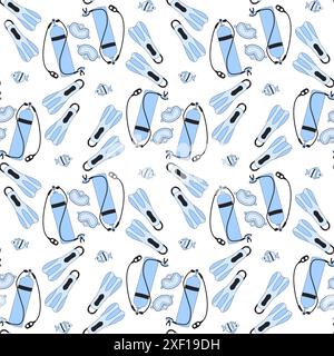 Diving Snorkeling seamless pattern. Scuba dive and underwater swimming endless background. Flippers, mask oxygen tank and fishes. Vector outline flat Stock Vector